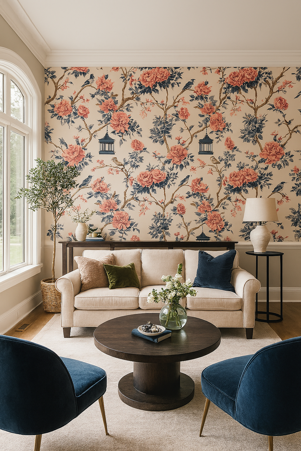 Floral and bird wallpaper with lantern accents in a traditional style.
