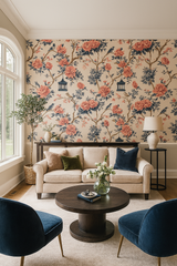 Floral and bird wallpaper with lantern accents in a traditional style.
