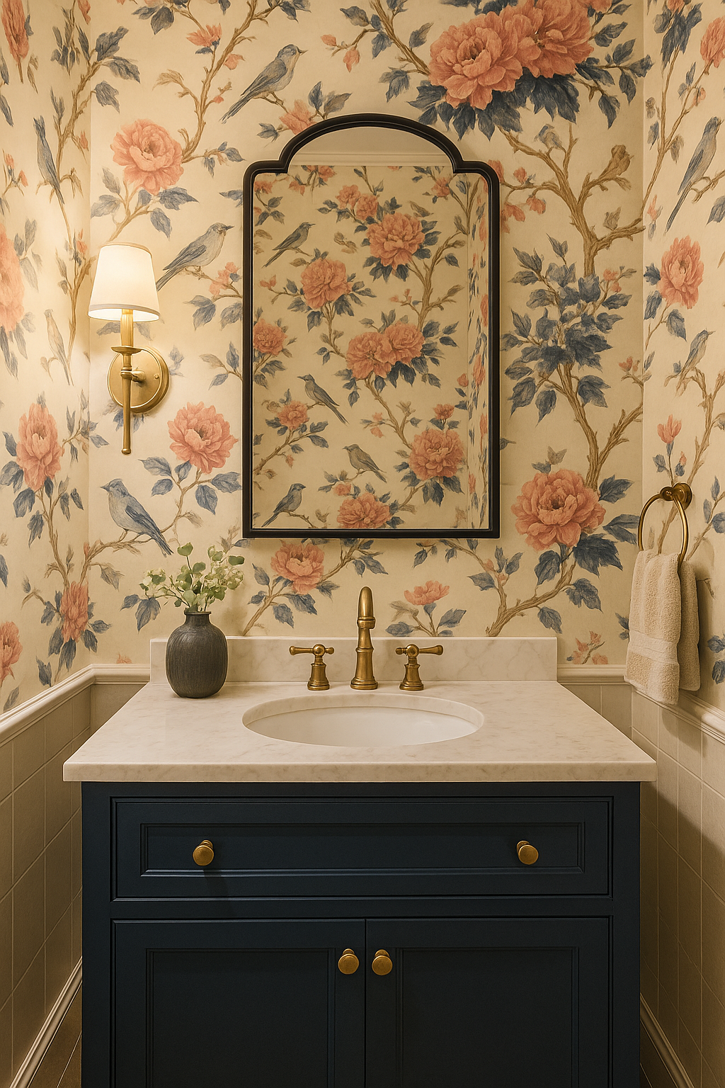 Garden Songbird Wallpaper with peach flowers and blue birds, set on a cream-colored textured background.
