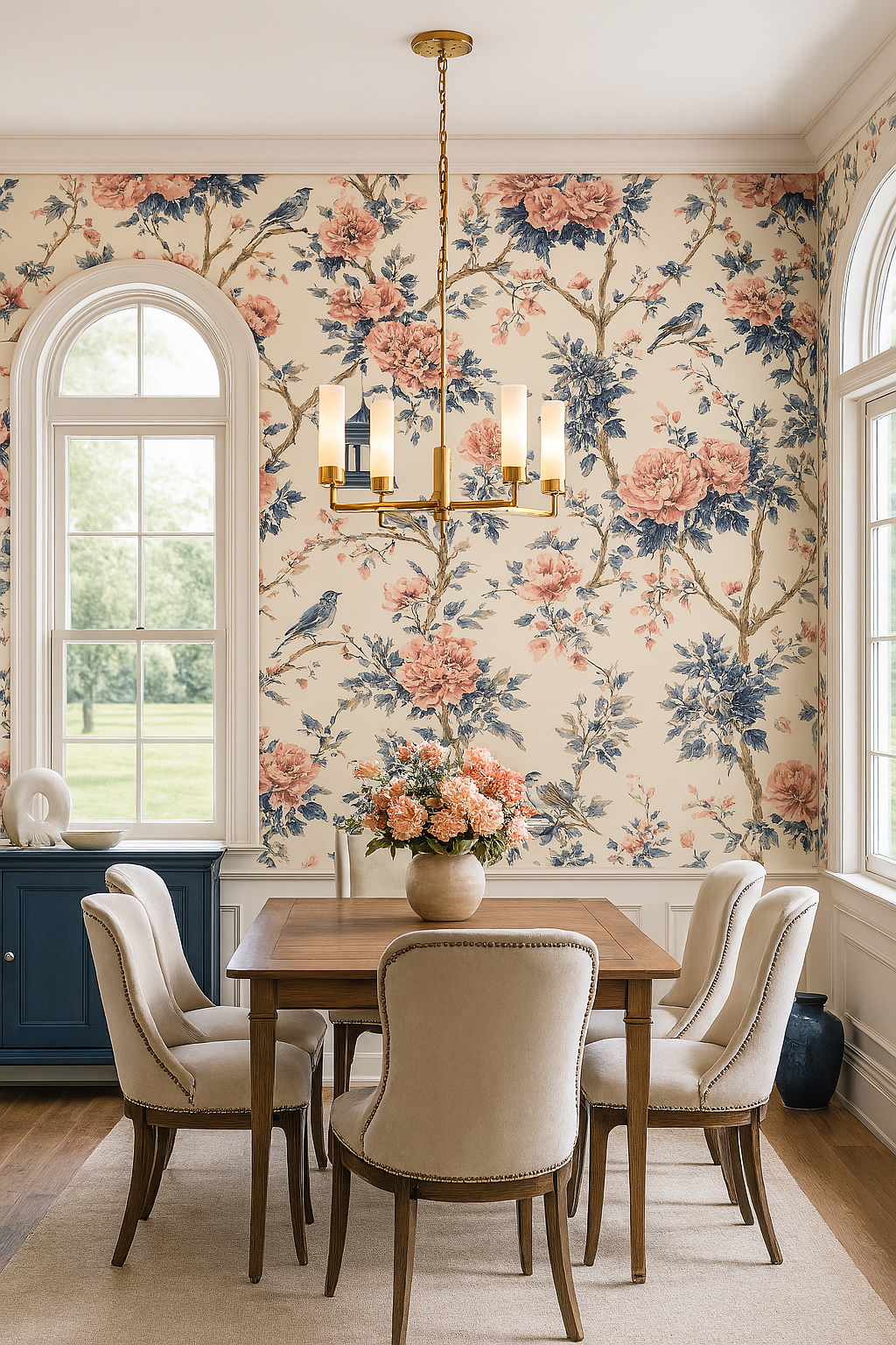 Floral wallpaper with birds by York Wallcoverings, featuring pink peony blooms and blue leaves.
