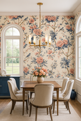 Floral wallpaper with birds by York Wallcoverings, featuring pink peony blooms and blue leaves.