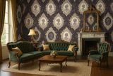 Patterned cameo wallpaper with floral details.
