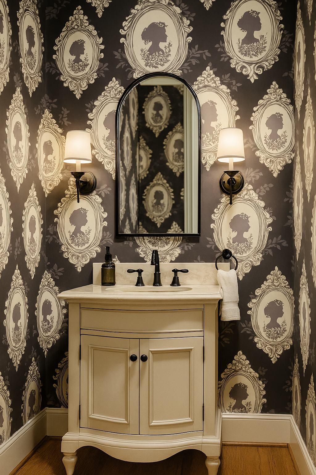 Cameo Crush wallpaper with silhouette cameo pattern over a dark grey background.
