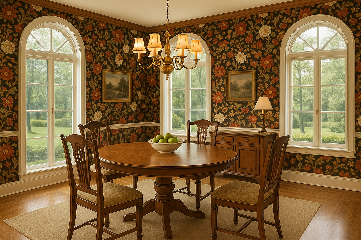 Cabin Rose Wallpaper, floral patterned wallpaper with roses and leaves.
