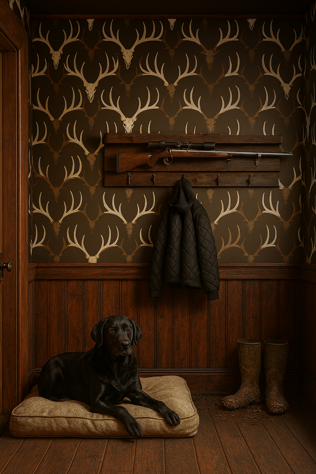 Rack & Reign Wallpaper with antler skull pattern on brown background.