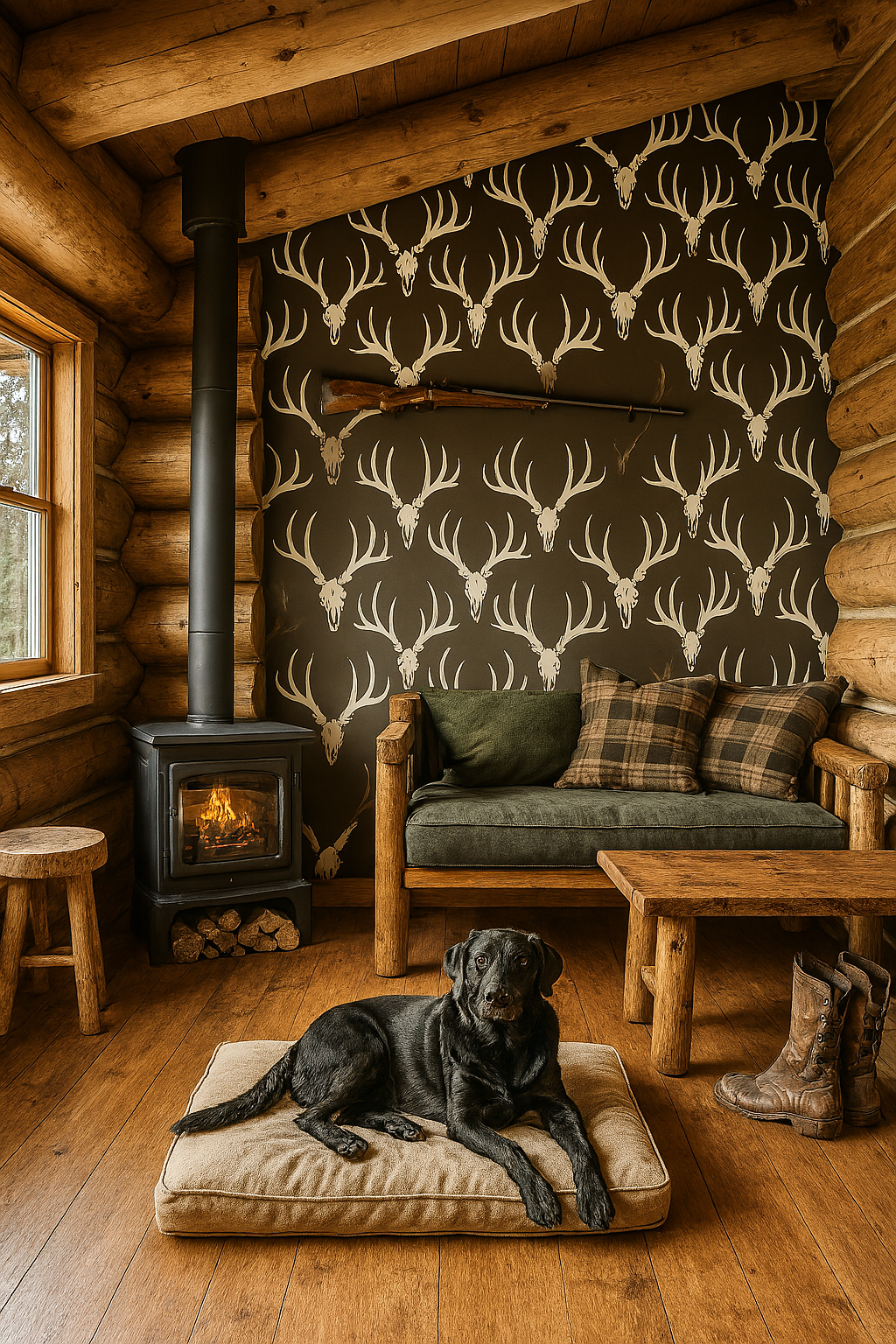 Antler-patterned Rack & Reign Wallpaper, with white stag heads, in a wood cabin setting with furniture, boots, and a resting dog.

