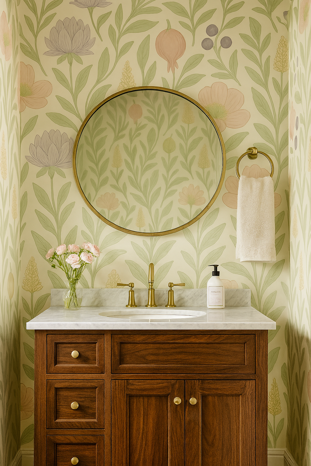 Pomegranate Parade Wallpaper with pastel floral and fruit pattern on a light yellow background.