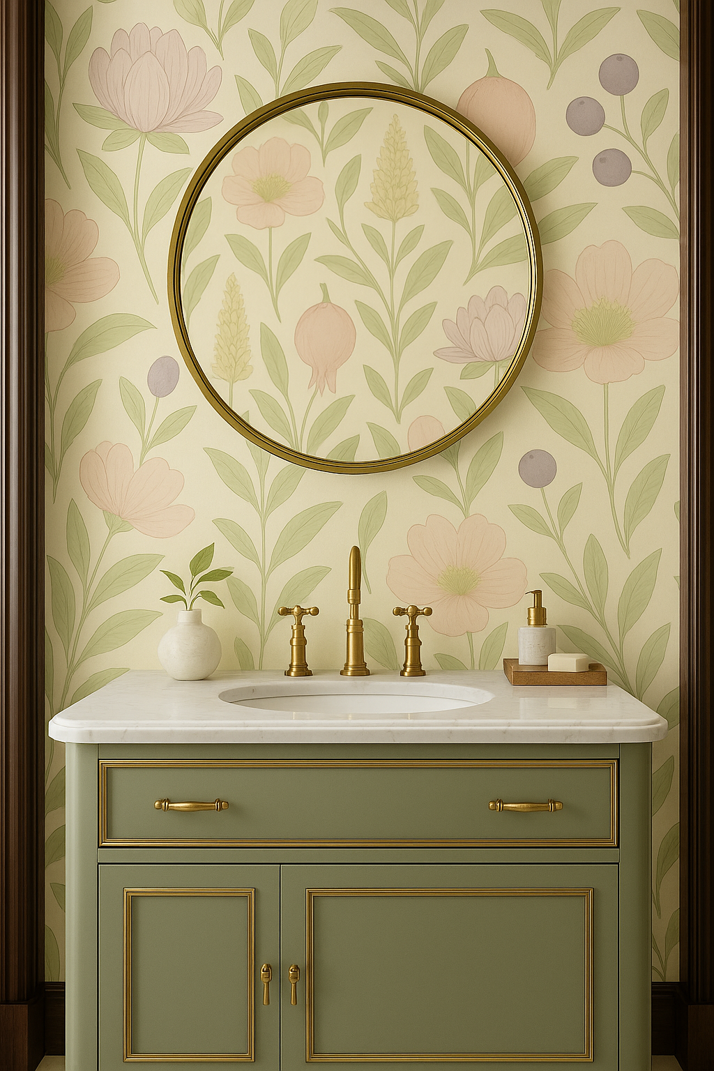 Botanical print wallpaper with pink flowers and green leaves, floral pattern.
