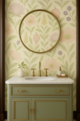 Botanical print wallpaper with pink flowers and green leaves, floral pattern.

