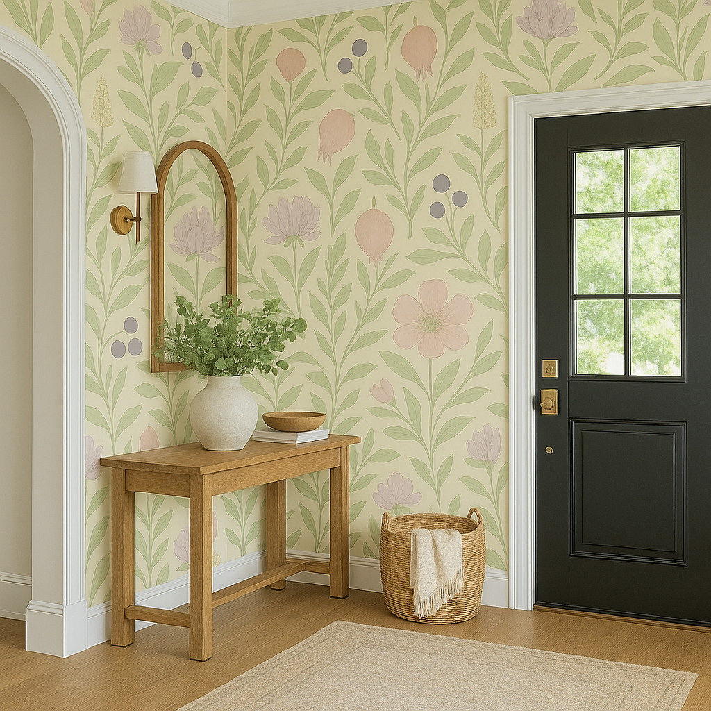 Pomegranate Parade Wallpaper with floral pattern on a light yellow background.