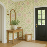 Pomegranate Parade Wallpaper with floral pattern on a light yellow background.