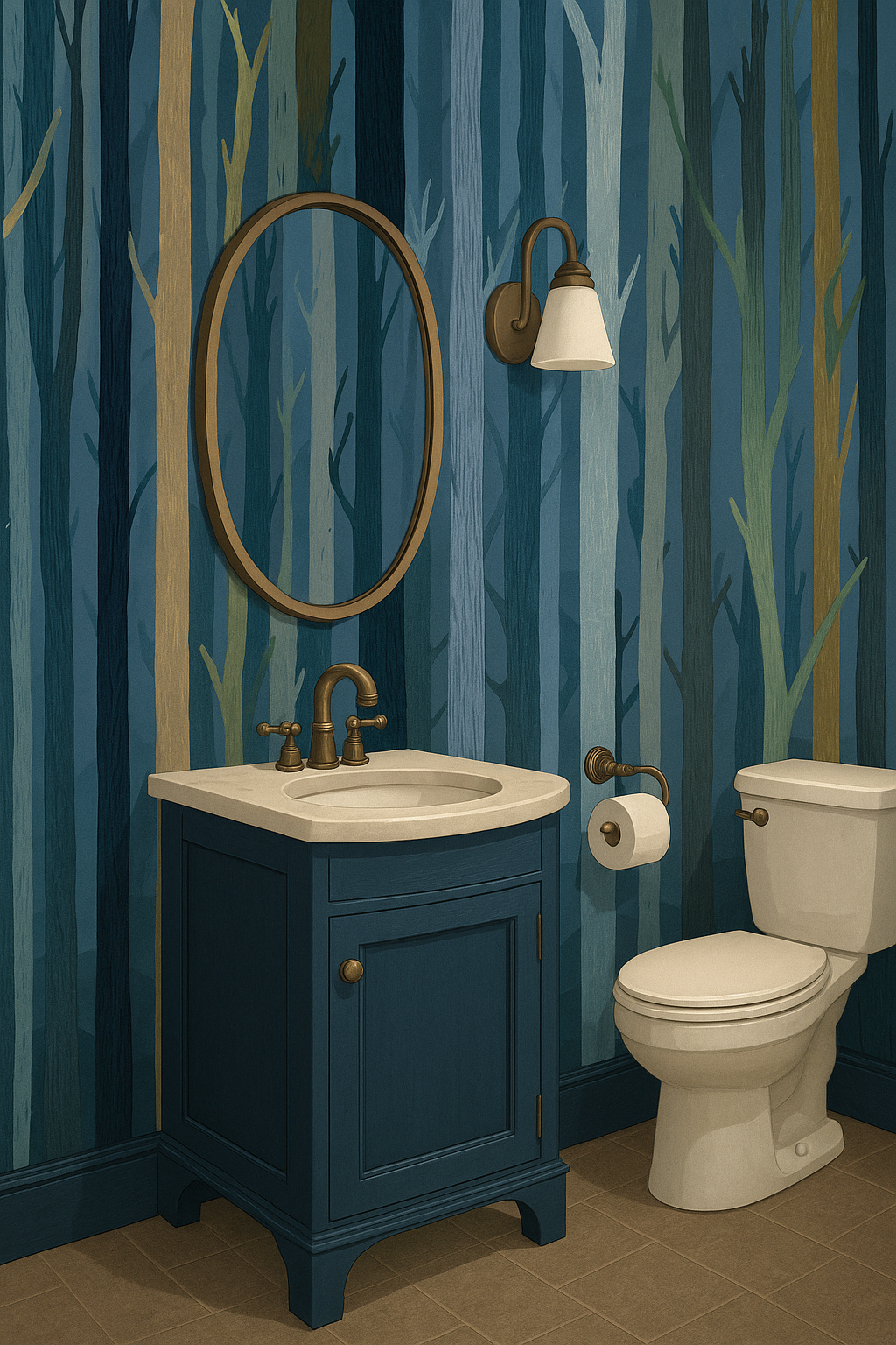 Timberline wallpaper with a blue vertical stripe tree pattern, covering a bathroom wall.