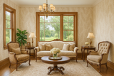 Whisper Fern Wallpaper with a neutral leaf pattern, covering an elegant living room.
