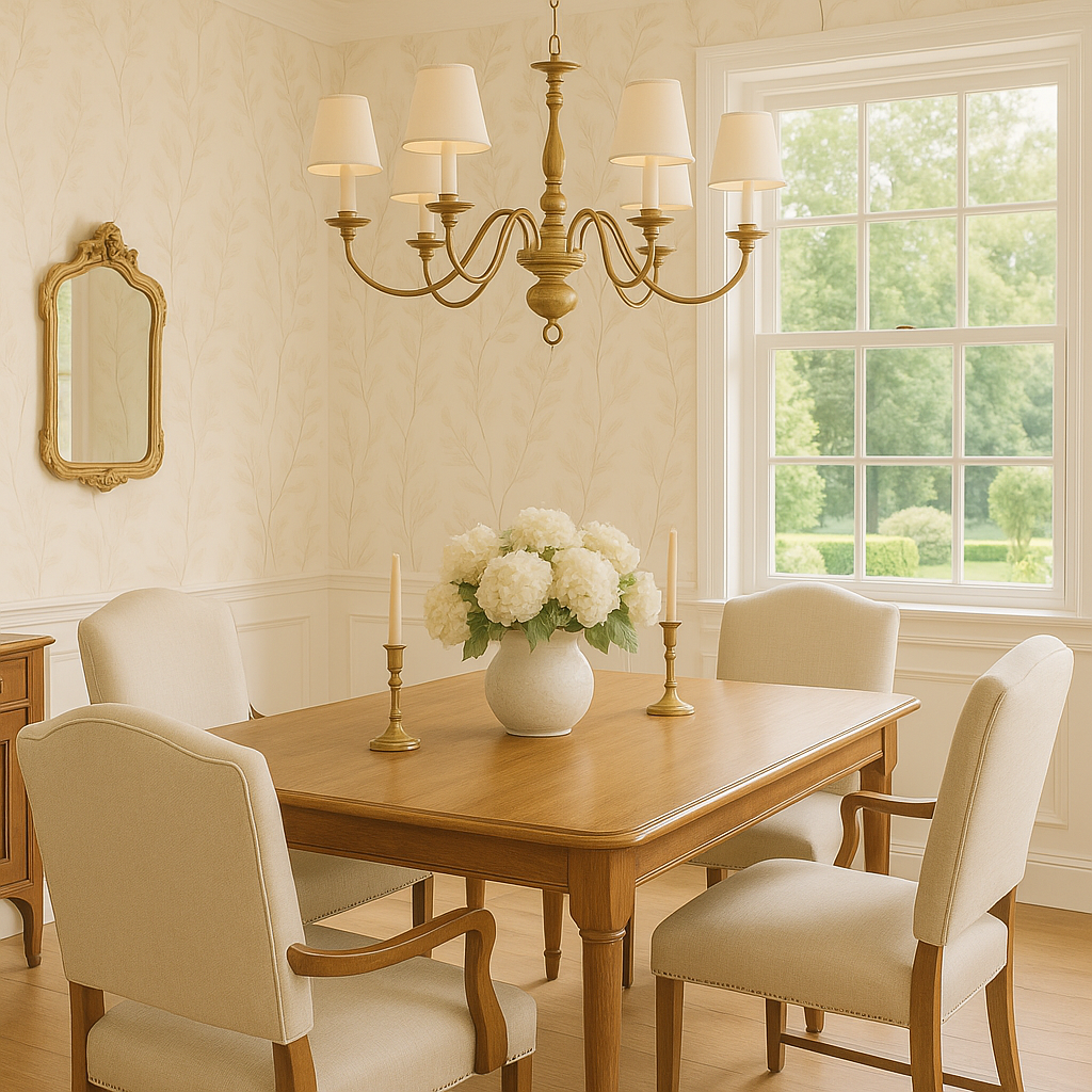 Floral wallpaper with leaf pattern, covering the walls in a dining room setting.