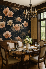 Floral Velvet Blossom Wallpaper featuring peach and cream flowers on a dark background.
