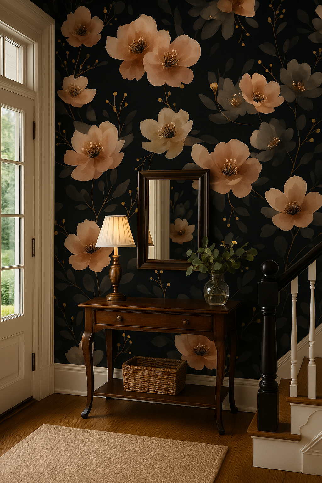 Floral velvet blossom wallpaper with a dark botanical print.
