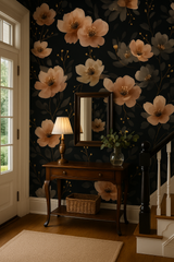 Floral velvet blossom wallpaper with a dark botanical print.
