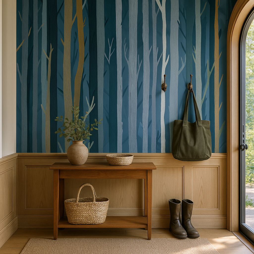 Timberline wallpaper with a forest scene pattern, featuring blues, grays, and golden browns.