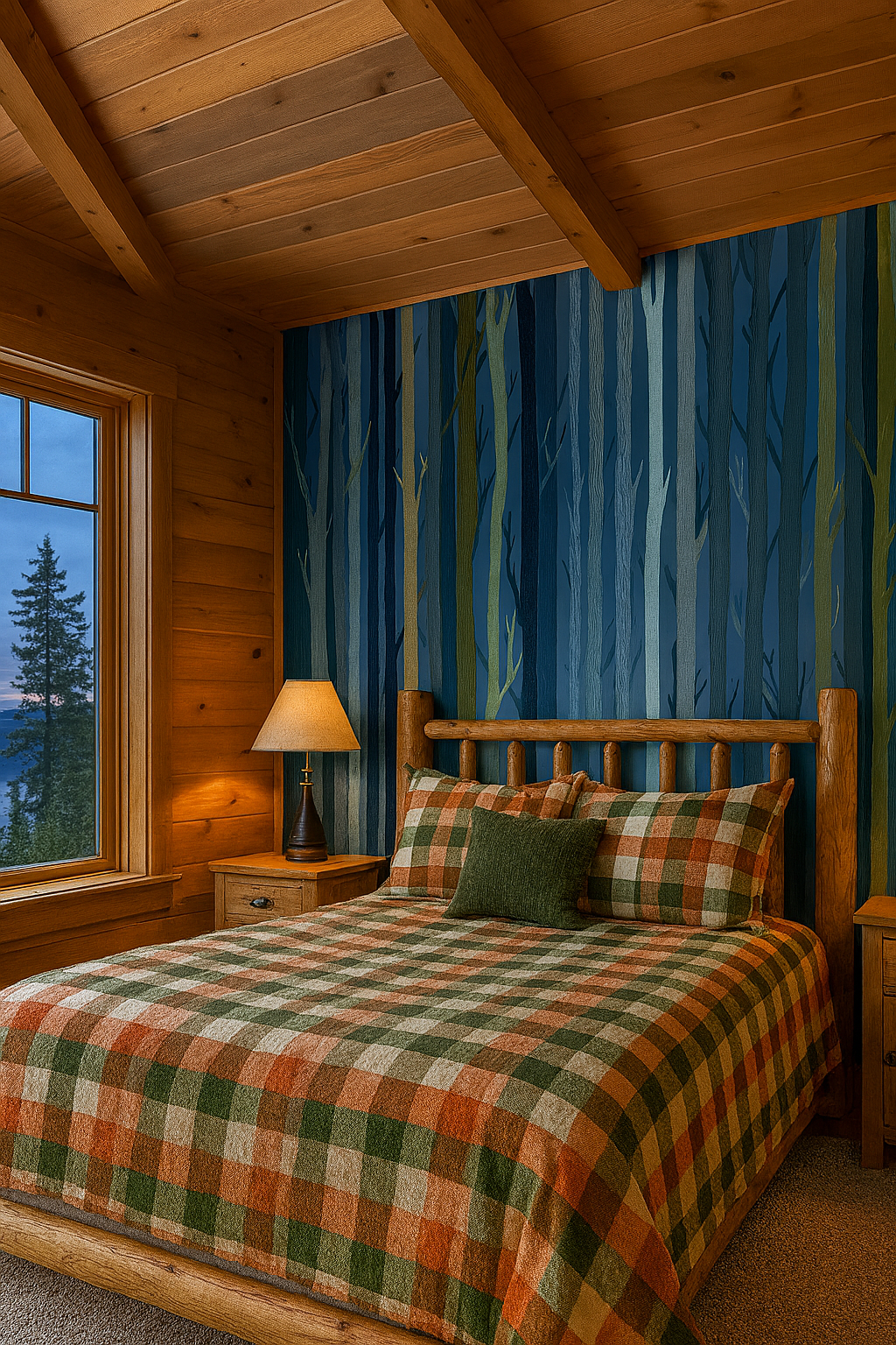 Forest tree wallpaper with blue and green tones, patterned with tree trunks.