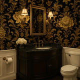 Baroque gold wallpaper with floral details, featuring a vintage damask pattern.
