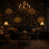 Baroque gold wallpaper with floral patterns and textured details.
