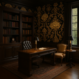 Baroque gold wallpaper with floral pattern, against a dark, elegant, classically-styled study.