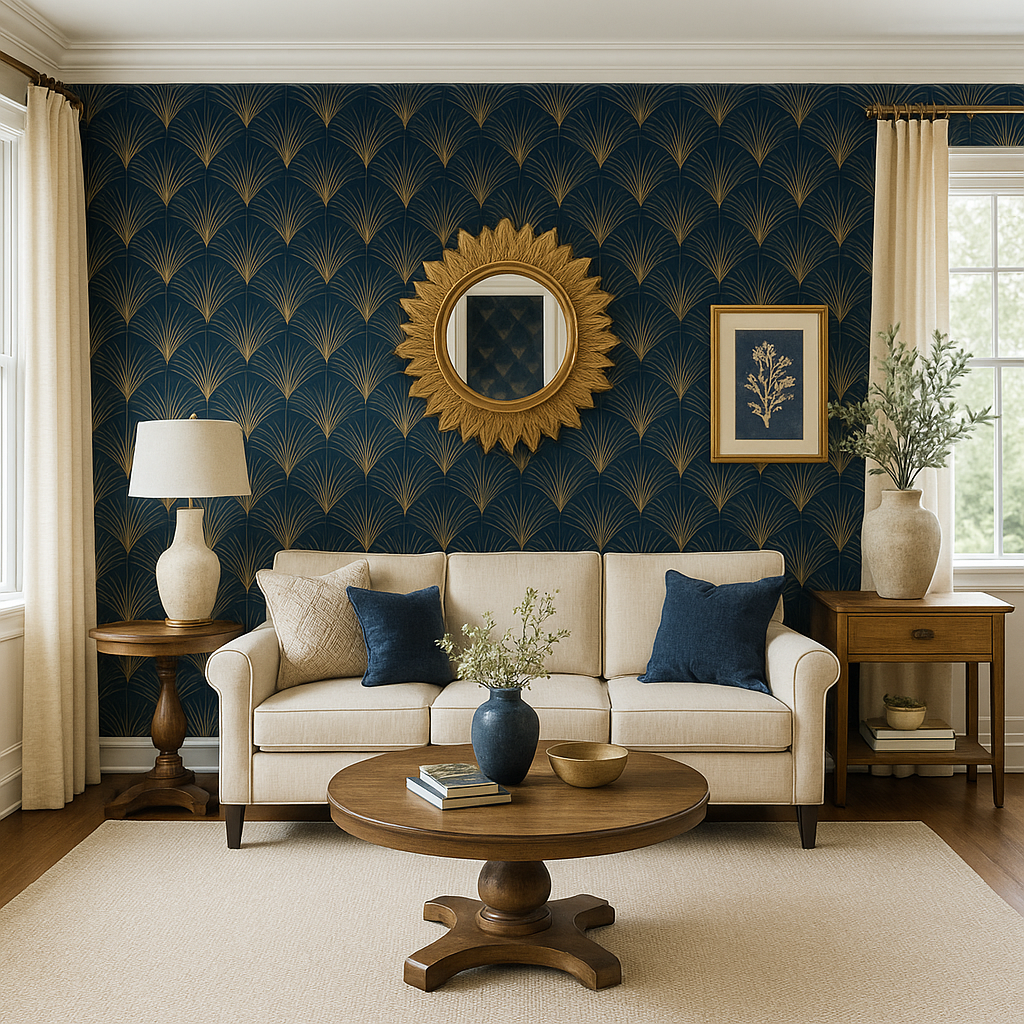 Midnight Fan Wallpaper with navy and gold fan pattern covering the wall behind a living room setup.
