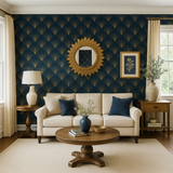 Midnight Fan Wallpaper with navy and gold fan pattern covering the wall behind a living room setup.
