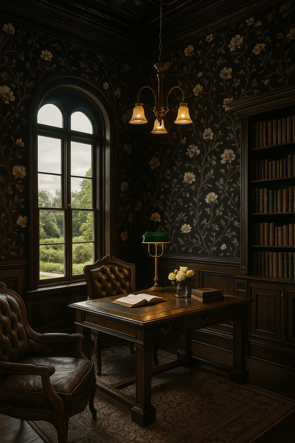 Floral wallpaper with shadow rose pattern on a dark background, adorning an interior room.
