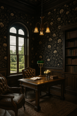 Floral wallpaper with shadow rose pattern on a dark background, adorning an interior room.
