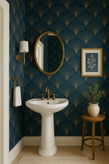 Midnight Fan Wallpaper with blue and gold art deco fan pattern on a textured wall covering.
