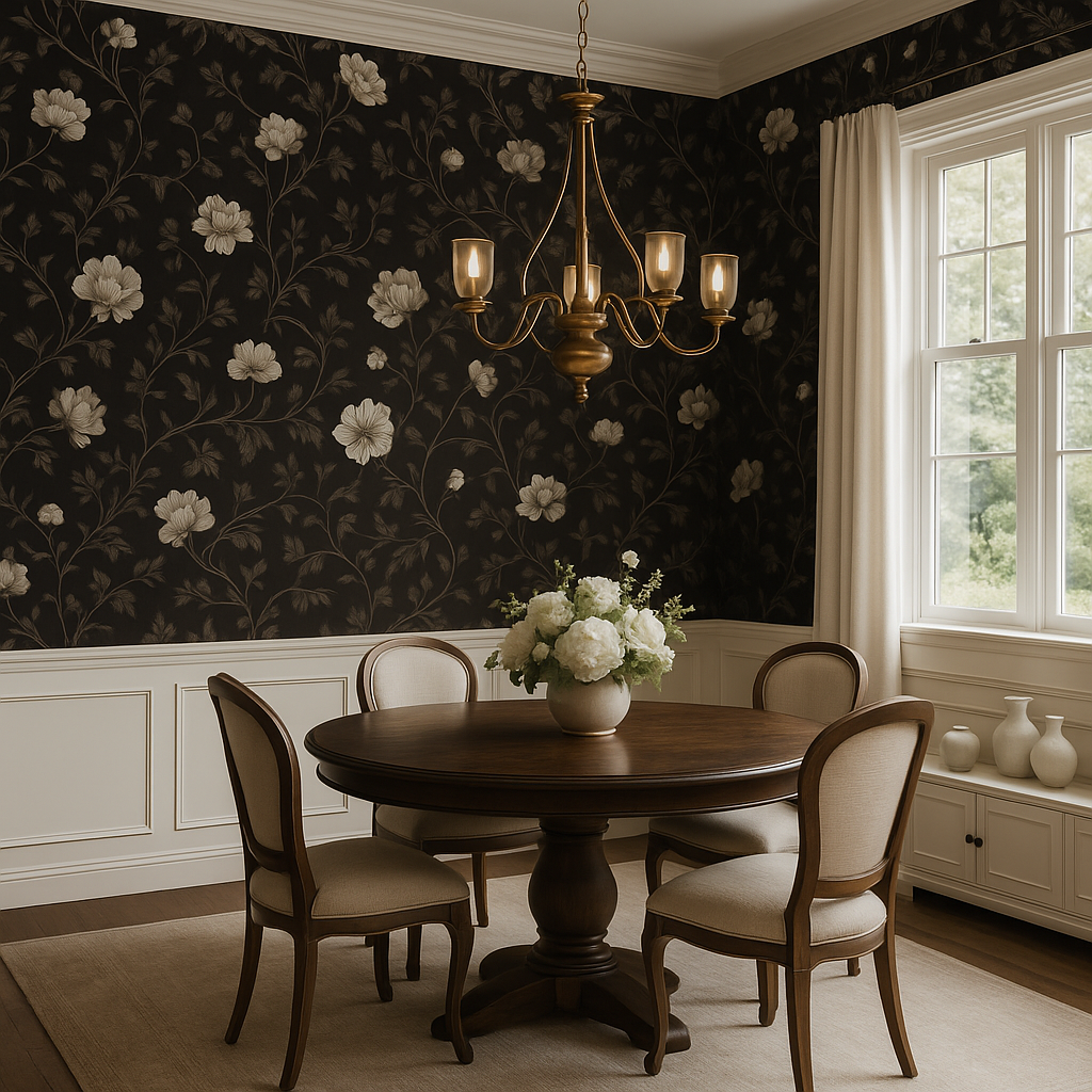 Shadow Rose Wallpaper with a floral pattern on a dark backdrop.