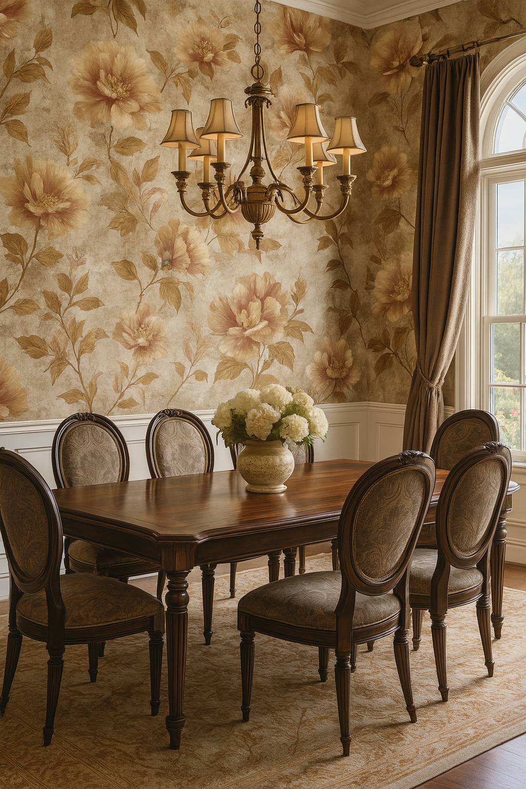 Floral wallpaper with neutral colors and large peony pattern, decorative molding, and window.