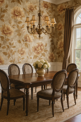 Floral wallpaper with neutral colors and large peony pattern, decorative molding, and window.