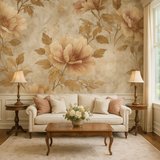 Heirloom Fade wallpaper with floral pattern on a textured beige background.