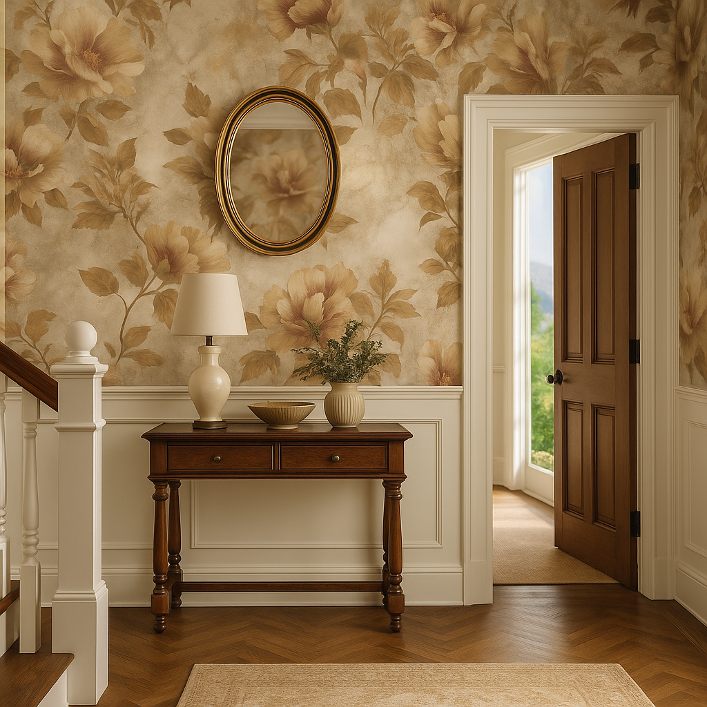 Floral pattern heirloom fade wallpaper with earthy tones and vintage aesthetic.
