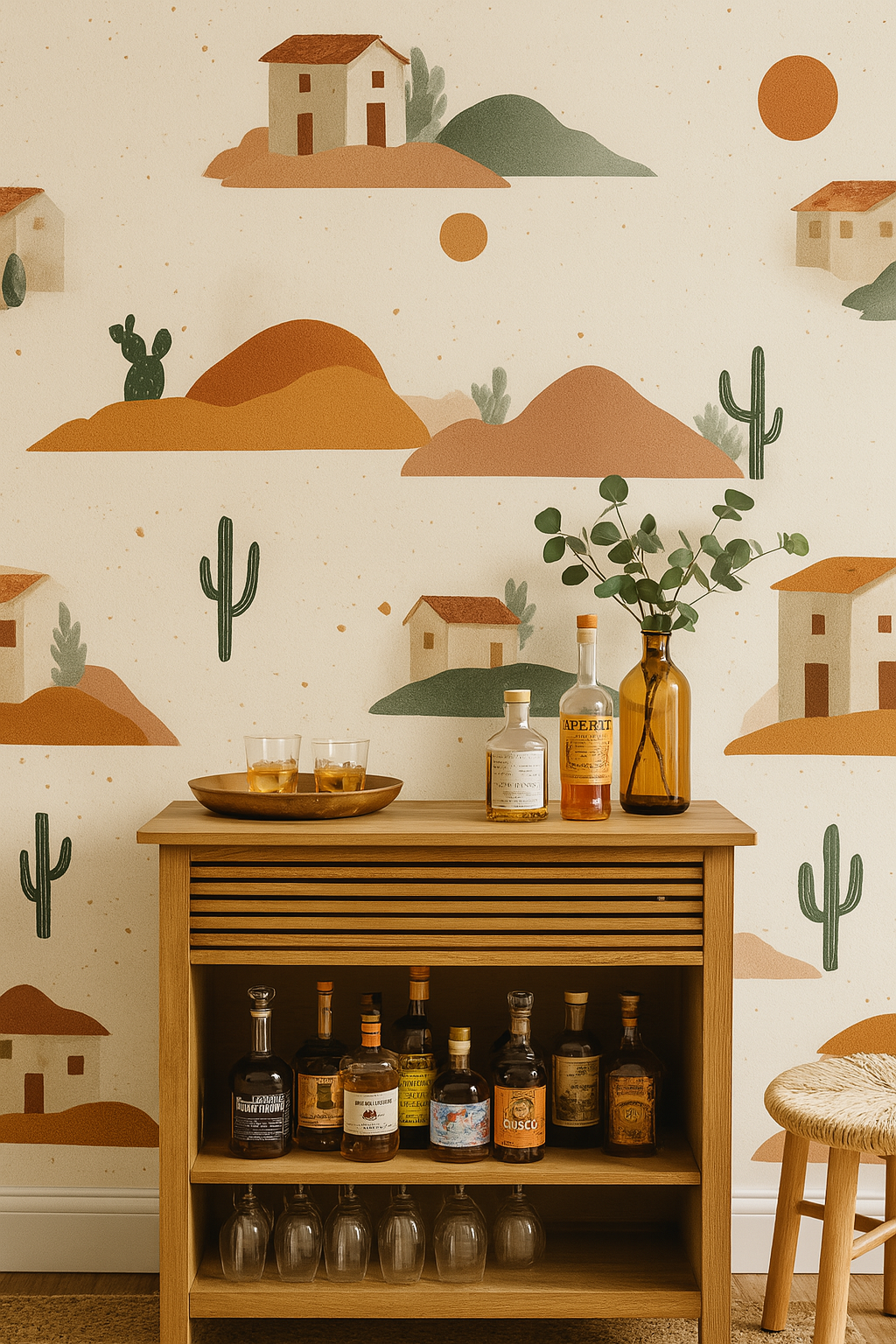 Cactus Ghost Ranch wallpaper with desert landscape and house pattern on beige background.