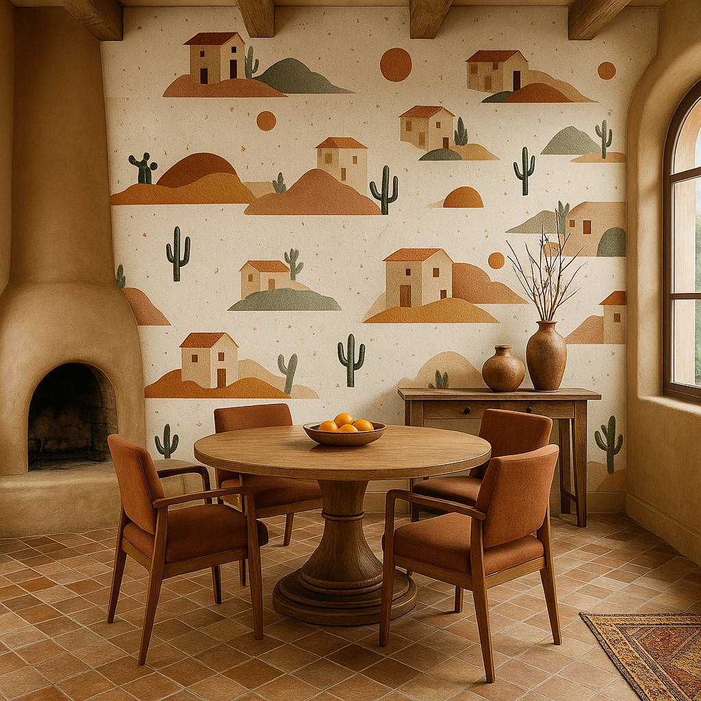 Cactus Ghost Ranch Wallpaper with desert landscape pattern on tan background.
