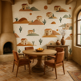Cactus Ghost Ranch Wallpaper with desert landscape pattern on tan background.
