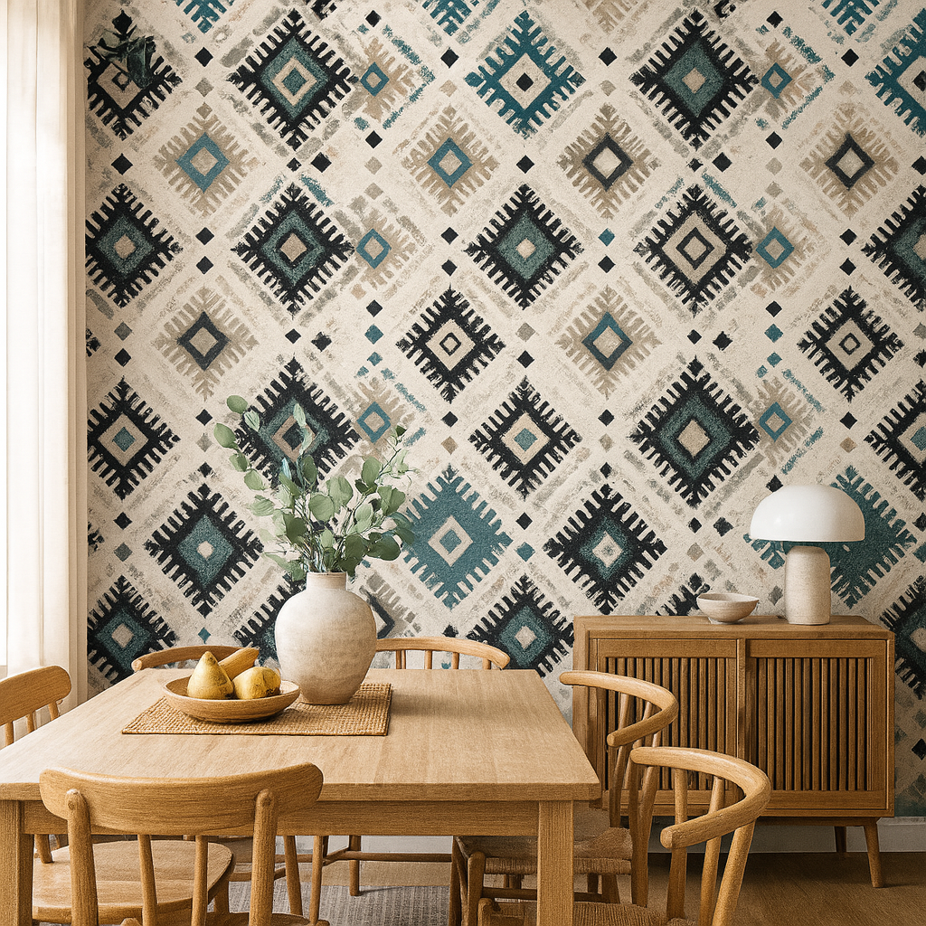 Geometric wallpaper with diamonds by Wallshoppe, featuring a teal, taupe, and black pattern.