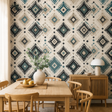 Geometric wallpaper with diamonds by Wallshoppe, featuring a teal, taupe, and black pattern.