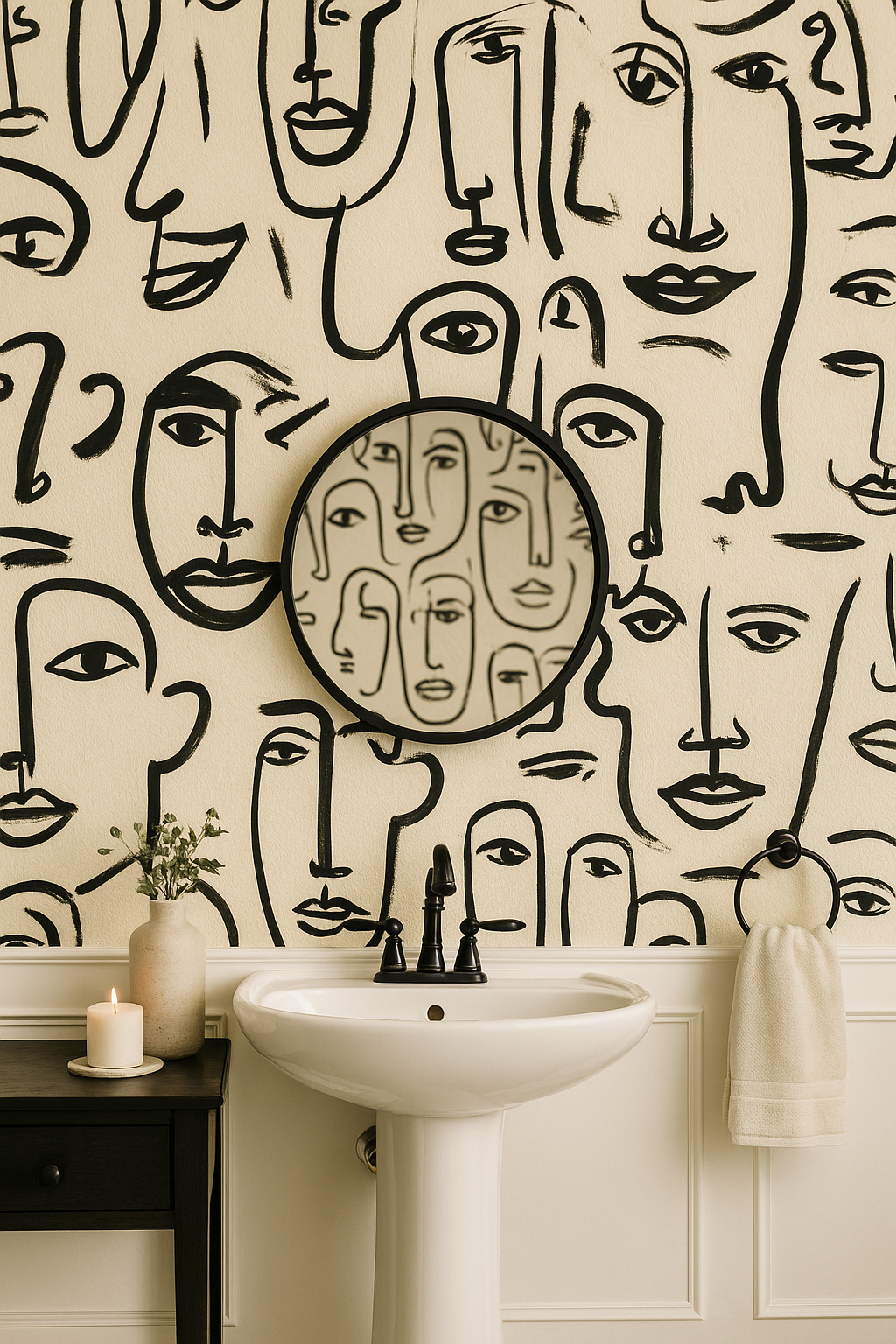 Lineage Wallpaper featuring face line art, by York Wallcoverings, in a bathroom setting.
