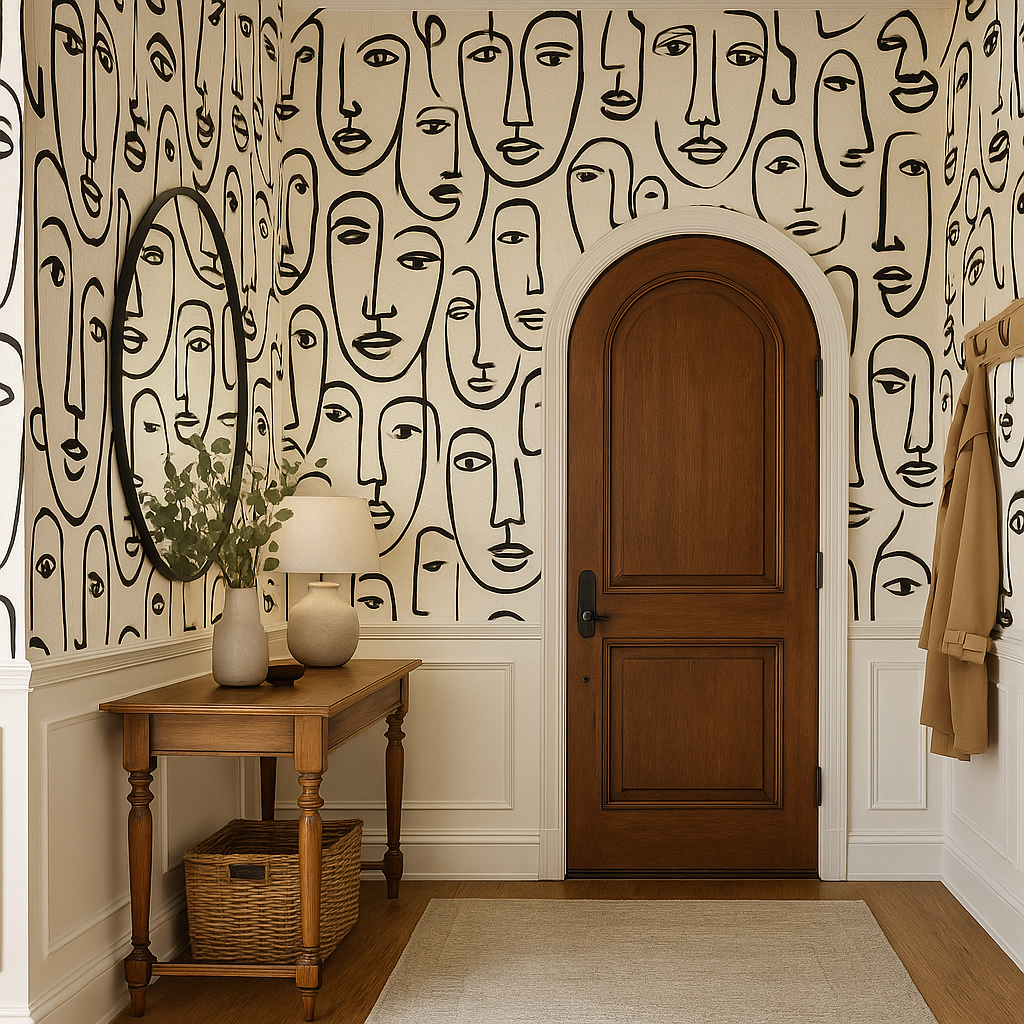 Lineage wallpaper in black and white with abstract face pattern, shown on a wall.