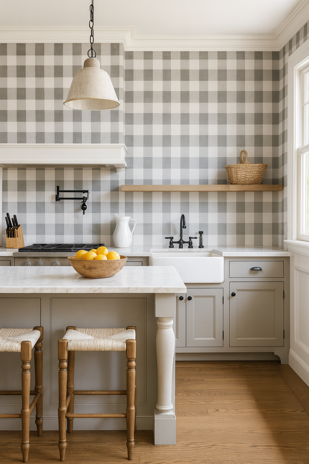 Grey and white Smokehouse Check Wallpaper by Brewster, with a buffalo plaid pattern.