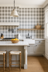 Grey and white Smokehouse Check Wallpaper by Brewster, with a buffalo plaid pattern.
