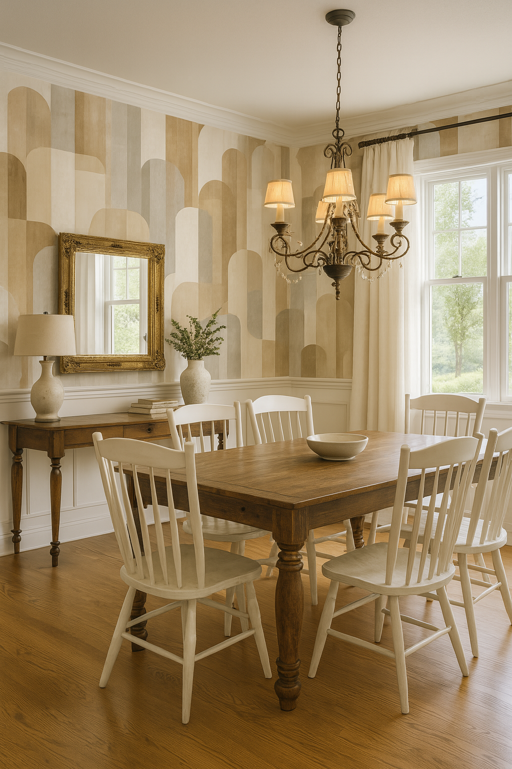 Soft Deco Wallpaper featuring arched stripes with neutral tones and gold accents.