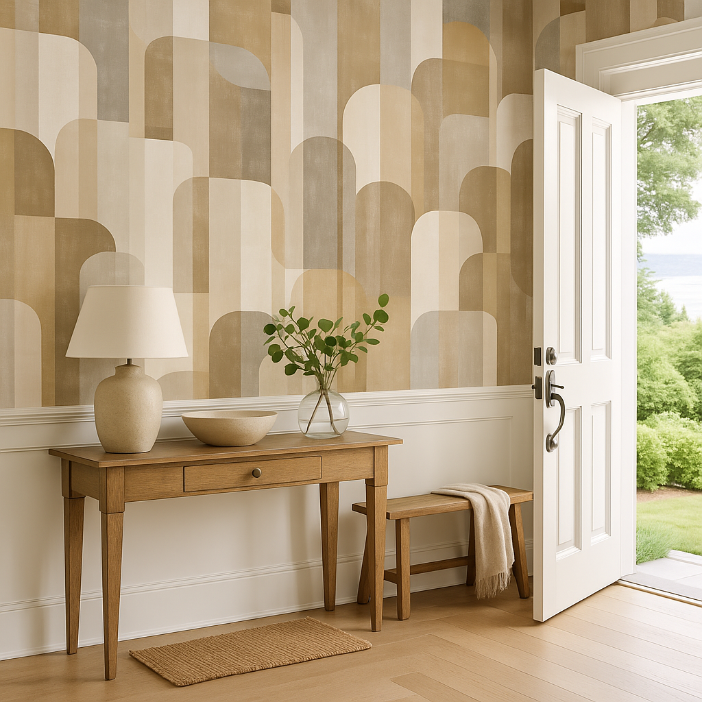 Soft Deco Wallpaper with geometric pattern in neutral hues.
