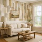 Soft Deco Wallpaper featuring a geometric arch pattern on a beige background.
