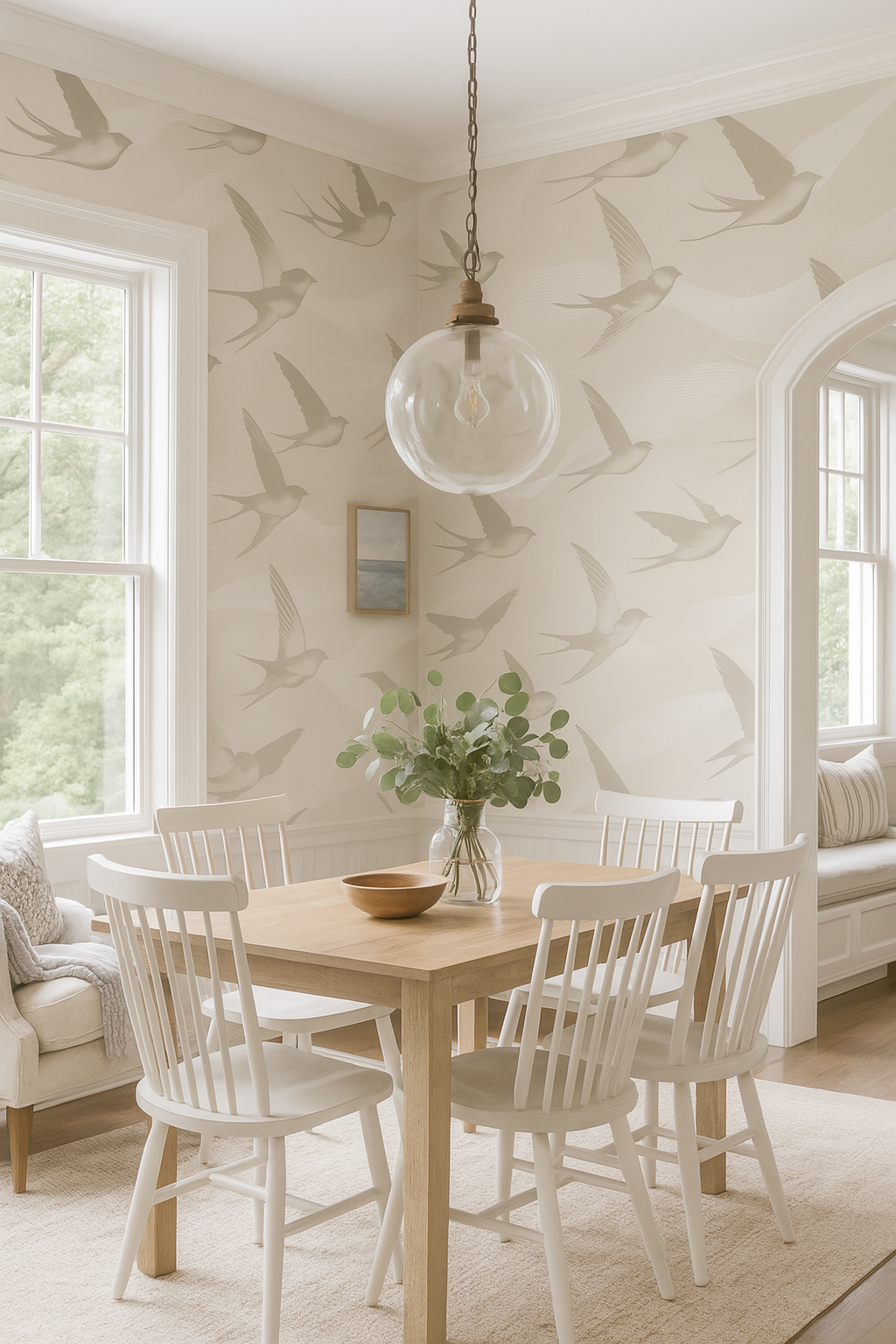Beige bird-patterned wallpaper from Anthropologie, visible in a dining room setting with traditional furnishings.