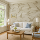 Beige Wind Lines Wallpaper with bird pattern and decorative waves.
